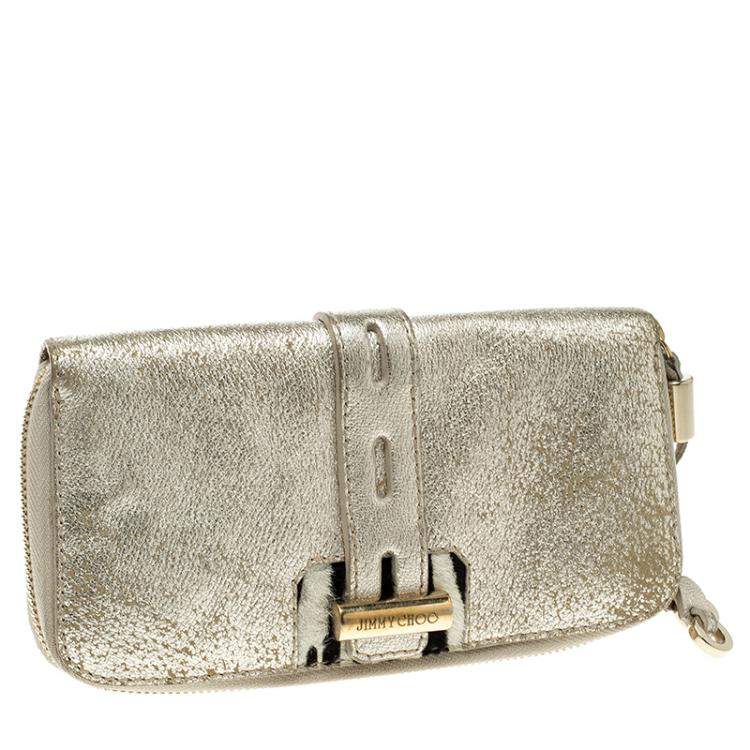 Pre Owned Jimmy Choo Gold Leather Zip Around Wallet