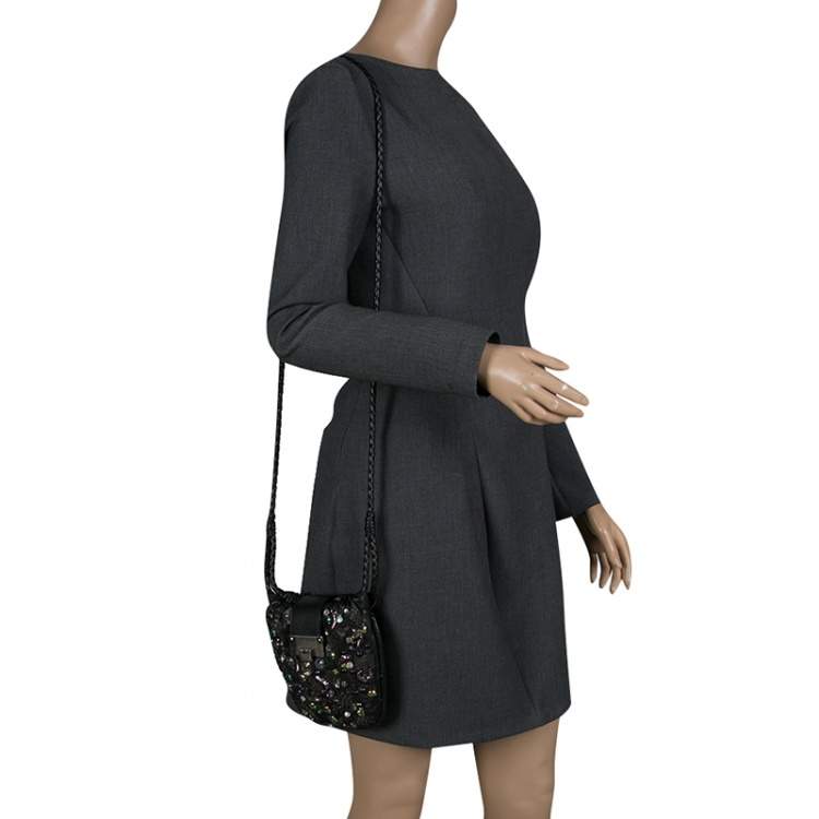Pre Owned Jimmy Choo Black Leather Sequin Embellished Crossbody Bag