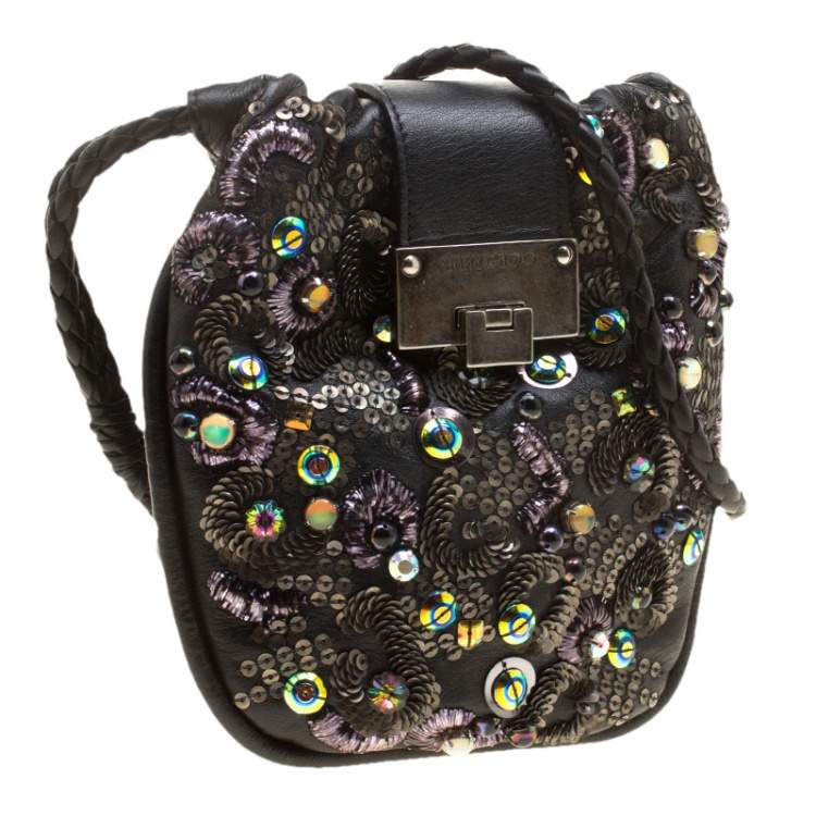 Pre Owned Jimmy Choo Black Leather Sequin Embellished Crossbody Bag