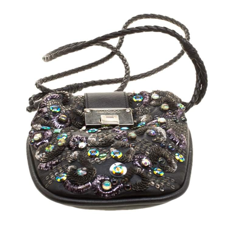 Pre Owned Jimmy Choo Black Leather Sequin Embellished Crossbody Bag