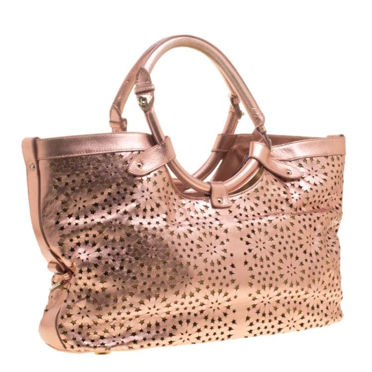 Pre Owned Jimmy Choo Metallic Rose Gold Leather Laser Cut Out Open Tote