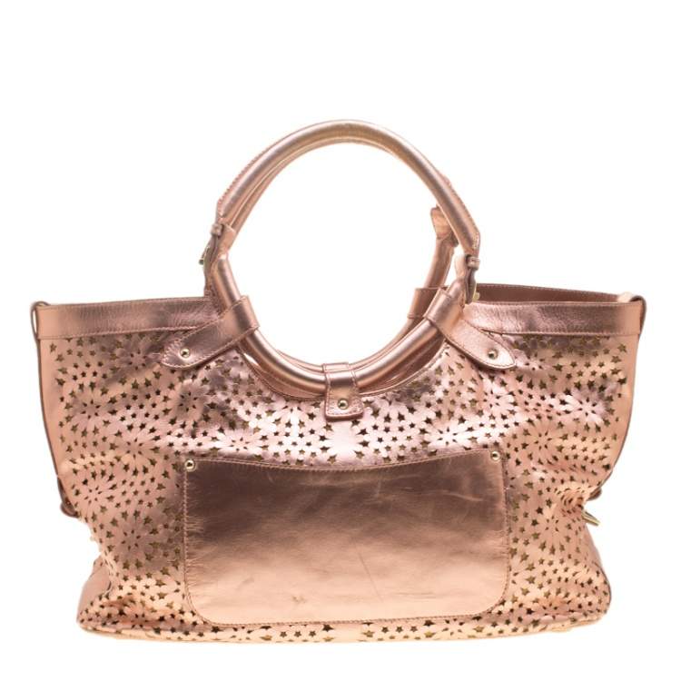 Pre Owned Jimmy Choo Metallic Rose Gold Leather Laser Cut Out Open Tote