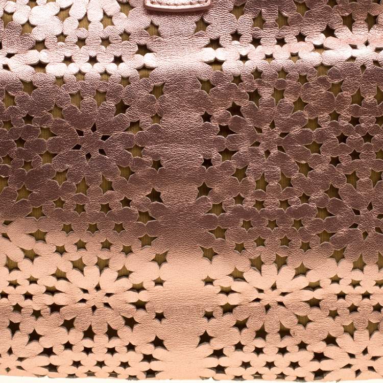 Pre Owned Jimmy Choo Metallic Rose Gold Leather Laser Cut Out Open Tote
