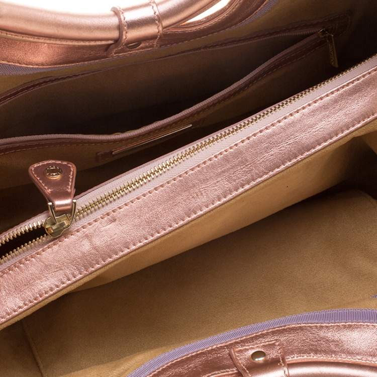 Pre Owned Jimmy Choo Metallic Rose Gold Leather Laser Cut Out Open Tote