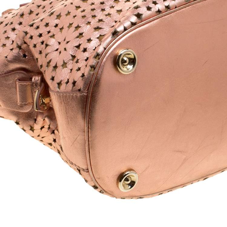Pre Owned Jimmy Choo Metallic Rose Gold Leather Laser Cut Out Open Tote