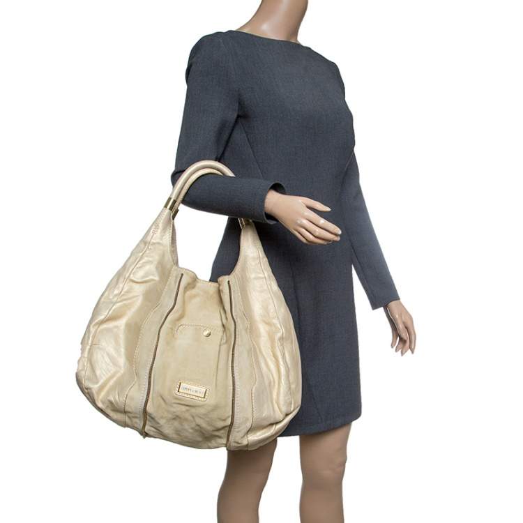Pre Owned Jimmy Choo Beige/Gold Leather and Suede Mandah Expandle Bag