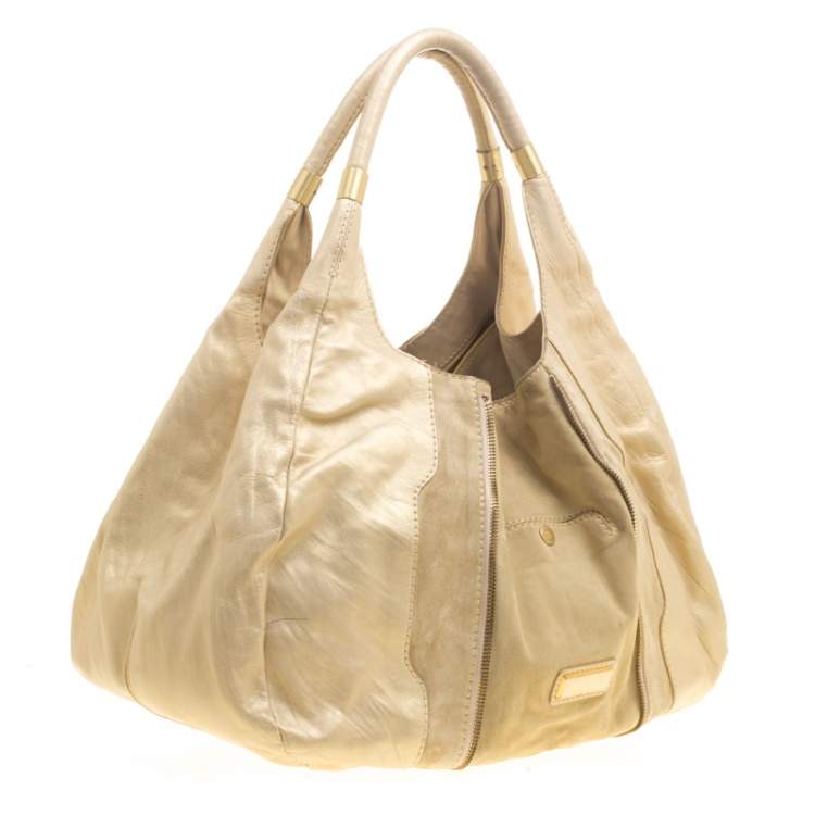 Pre Owned Jimmy Choo Beige/Gold Leather and Suede Mandah Expandle Bag