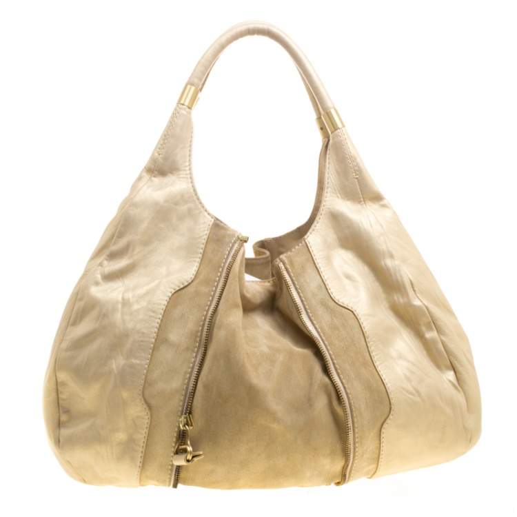Pre Owned Jimmy Choo Beige/Gold Leather and Suede Mandah Expandle Bag