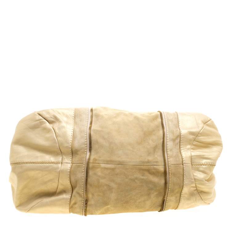 Pre Owned Jimmy Choo Beige/Gold Leather and Suede Mandah Expandle Bag