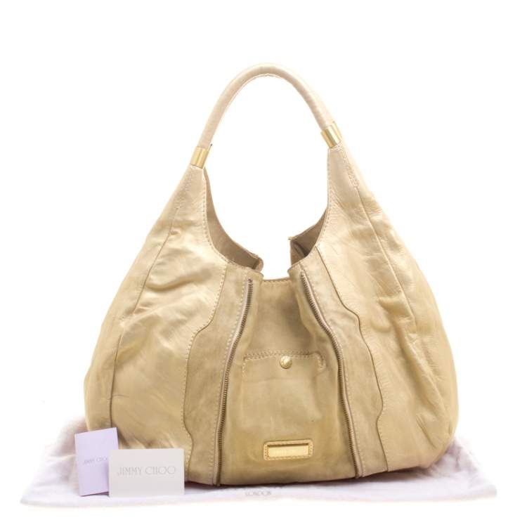 Pre Owned Jimmy Choo Beige/Gold Leather and Suede Mandah Expandle Bag