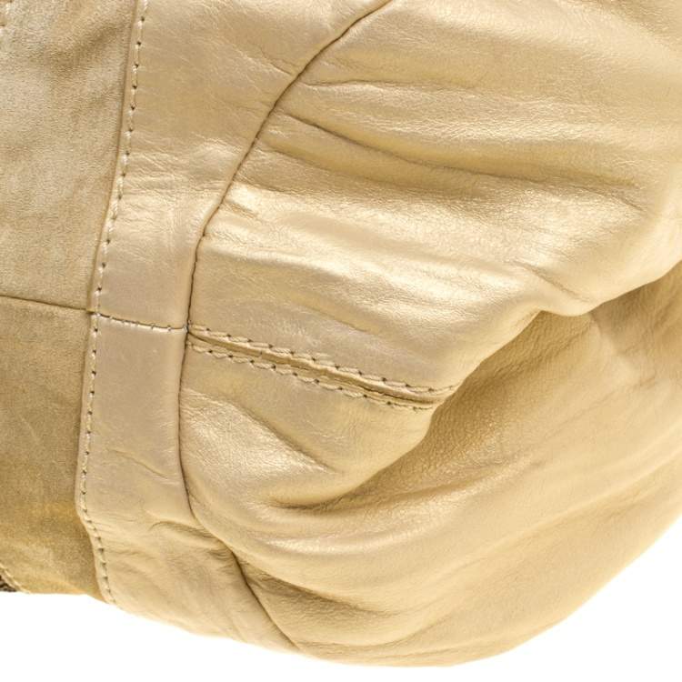 Pre Owned Jimmy Choo Beige/Gold Leather and Suede Mandah Expandle Bag