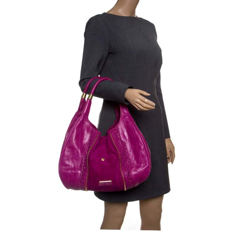 Pre Owned Jimmy Choo Hot Pink Perforated Leather  and Suede Mandah Hobo
