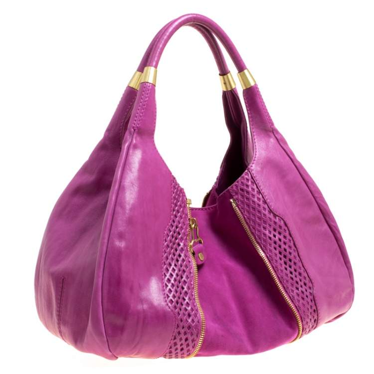 Pre Owned Jimmy Choo Hot Pink Perforated Leather  and Suede Mandah Hobo