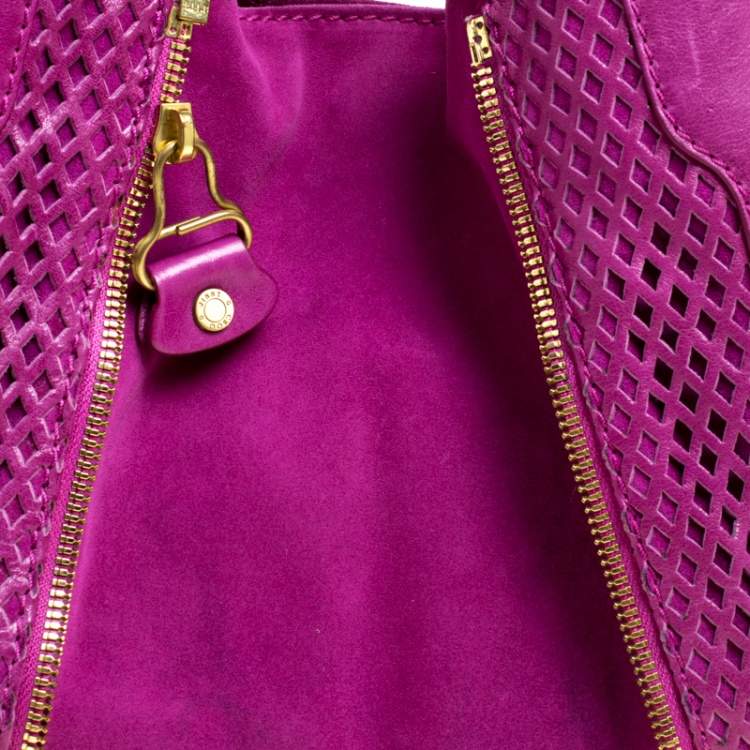 Pre Owned Jimmy Choo Hot Pink Perforated Leather  and Suede Mandah Hobo