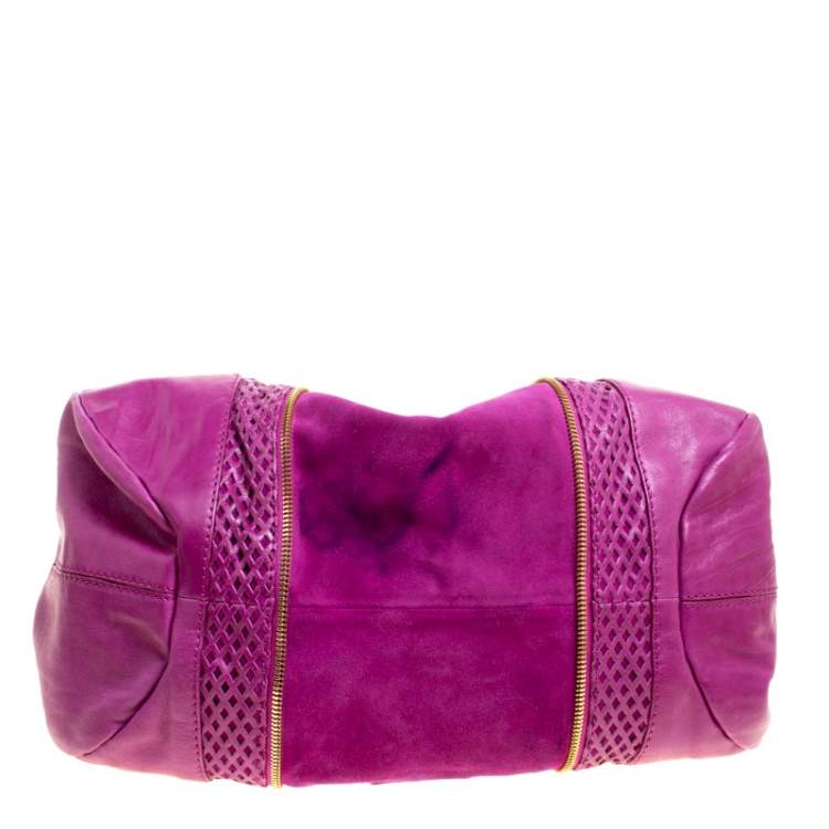 Pre Owned Jimmy Choo Hot Pink Perforated Leather  and Suede Mandah Hobo