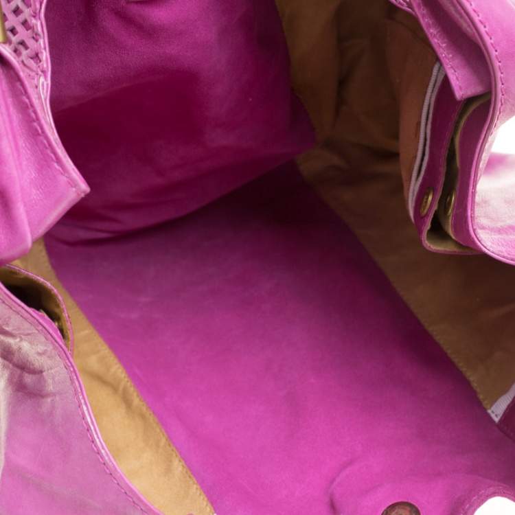 Pre Owned Jimmy Choo Hot Pink Perforated Leather  and Suede Mandah Hobo