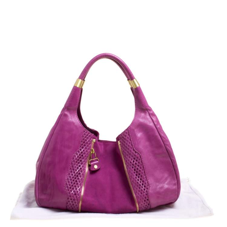 Pre Owned Jimmy Choo Hot Pink Perforated Leather  and Suede Mandah Hobo