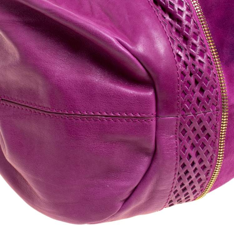 Pre Owned Jimmy Choo Hot Pink Perforated Leather  and Suede Mandah Hobo