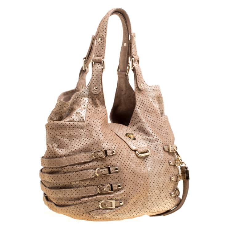 Pre Owned Jimmy Choo Gold Perforated Leather Bardia Buckle Shoulder Bag