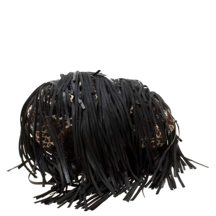 Pre Owned Jimmy Choo Black/Beige Leopard Print Leather and Snakeskin Fringe Drawstring Bag