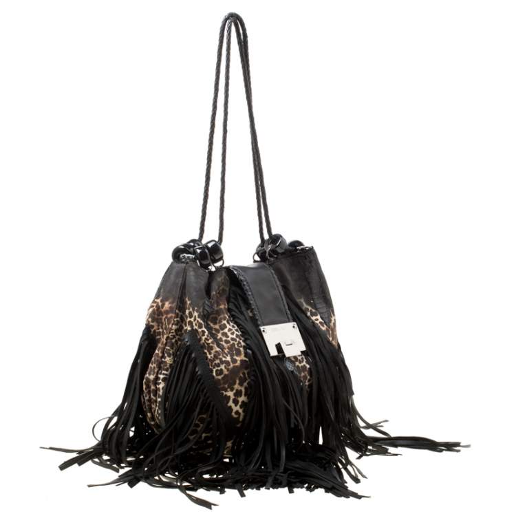 Pre Owned Jimmy Choo Black/Beige Leopard Print Leather and Snakeskin Fringe Drawstring Bag