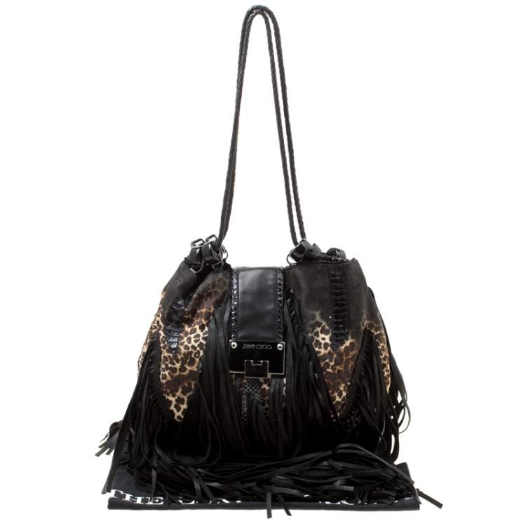 Pre Owned Jimmy Choo Black/Beige Leopard Print Leather and Snakeskin Fringe Drawstring Bag