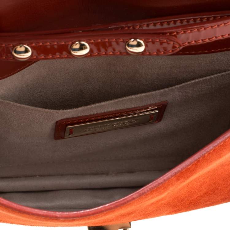 Pre Owned Jimmy Choo Cinnamon Brown Patent Leather and Suede Rebel Crossbody Bag