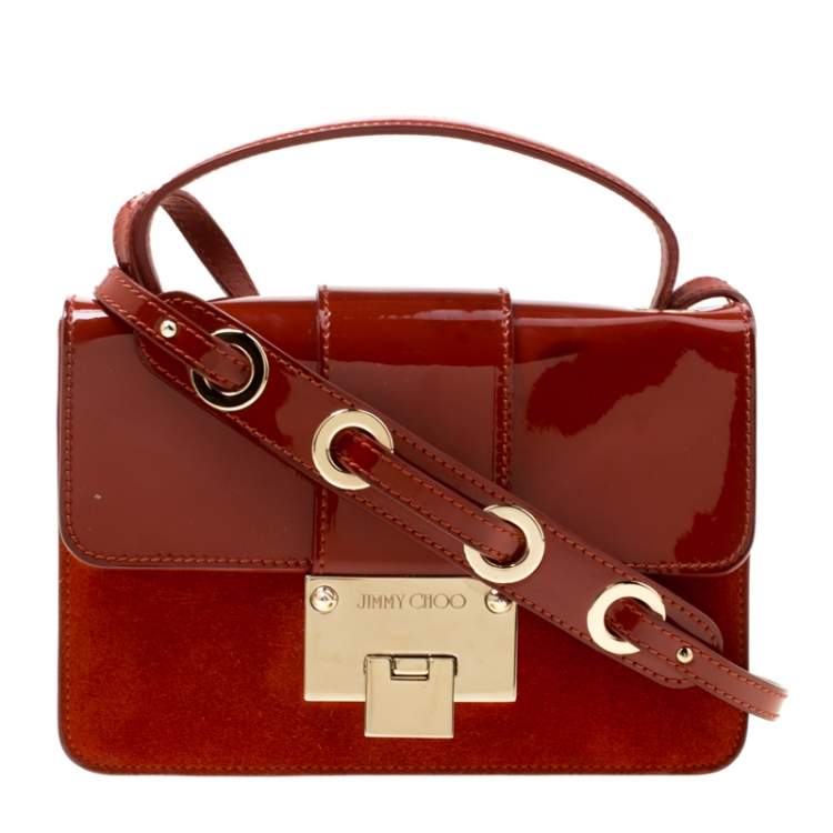 Pre Owned Jimmy Choo Cinnamon Brown Patent Leather and Suede Rebel Crossbody Bag
