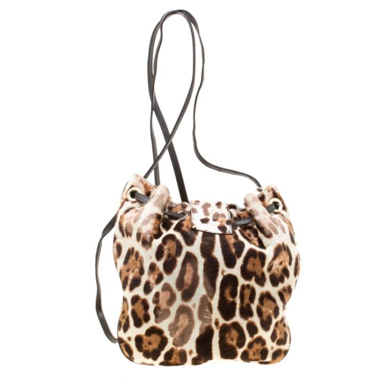 Pre Owned Jimmy Choo Beige Leopard Print Calfhair Drawstring Crossbody Bag