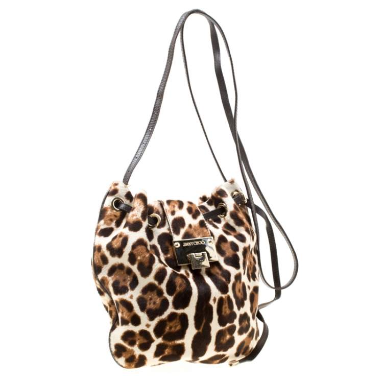 Pre Owned Jimmy Choo Beige Leopard Print Calfhair Drawstring Crossbody Bag