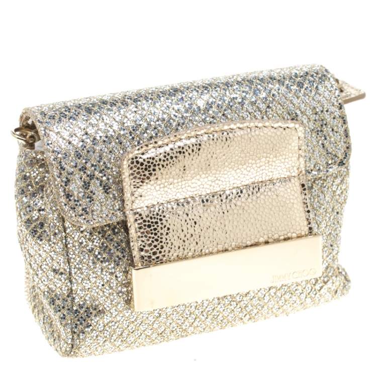 Pre Owned Jimmy Choo Gold and Silver Glitter Fabric Mini Rebel Crossbody Bag