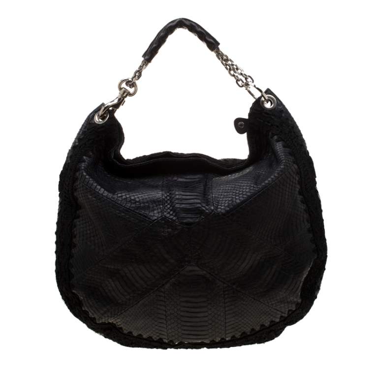 Pre Owned Jimmy Choo Black Phyton and Crocheted Lace Sky Hobo