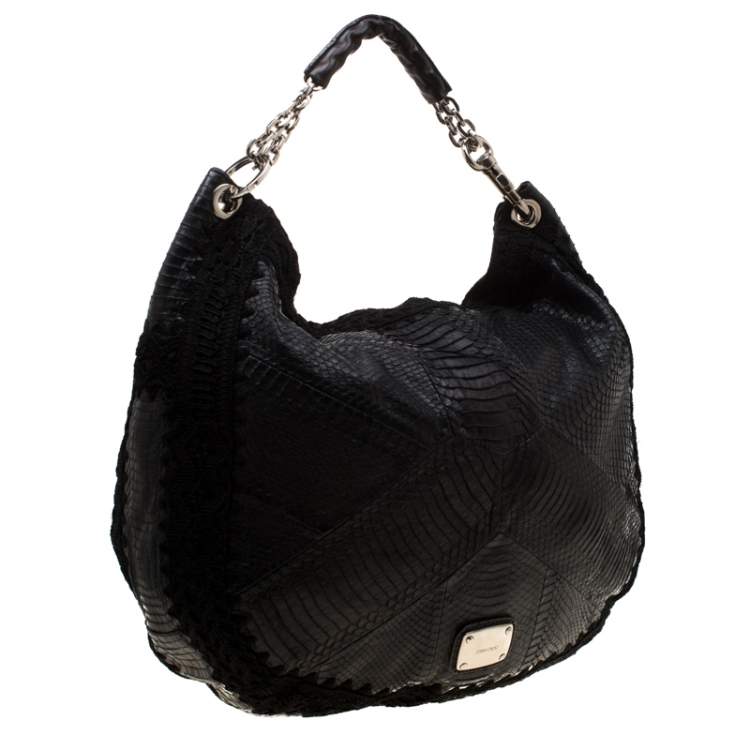 Pre Owned Jimmy Choo Black Phyton and Crocheted Lace Sky Hobo