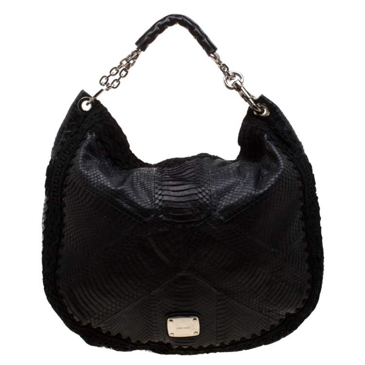 Pre Owned Jimmy Choo Black Phyton and Crocheted Lace Sky Hobo