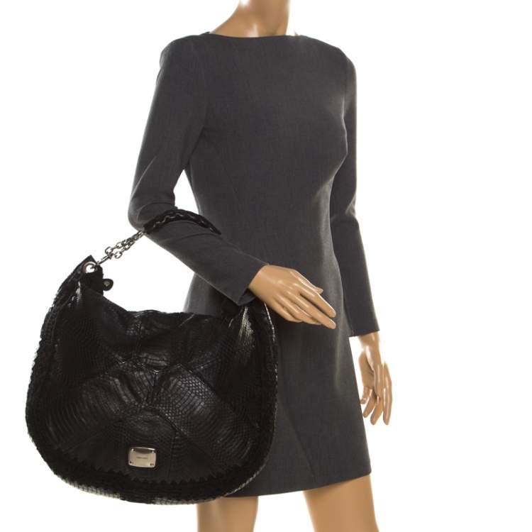 Pre Owned Jimmy Choo Black Phyton and Crocheted Lace Sky Hobo