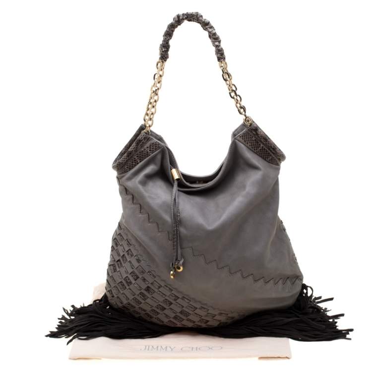Pre Owned Jimmy Choo Grey/Black Leather and Python Trim Tatum Fringe Hobo