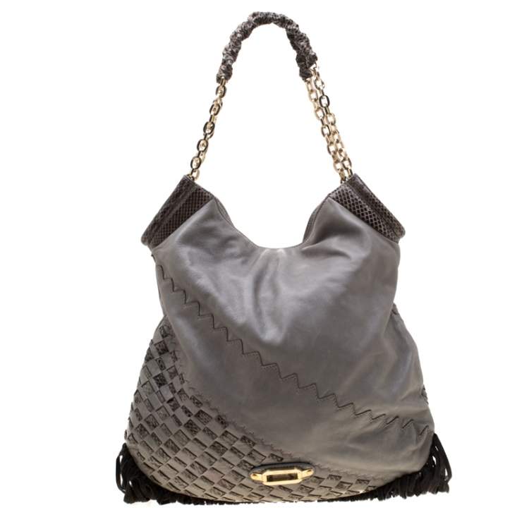 Pre Owned Jimmy Choo Grey/Black Leather and Python Trim Tatum Fringe Hobo