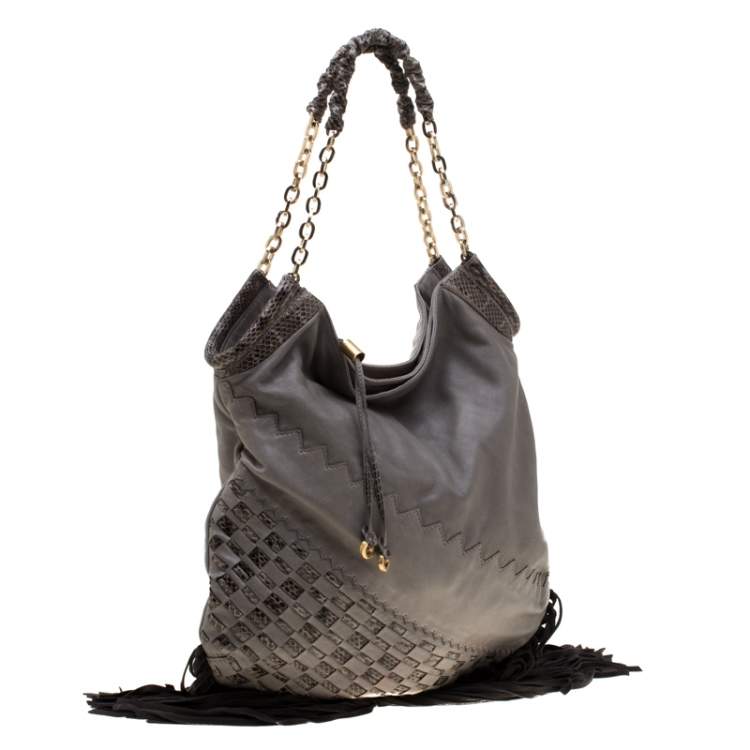 Pre Owned Jimmy Choo Grey/Black Leather and Python Trim Tatum Fringe Hobo