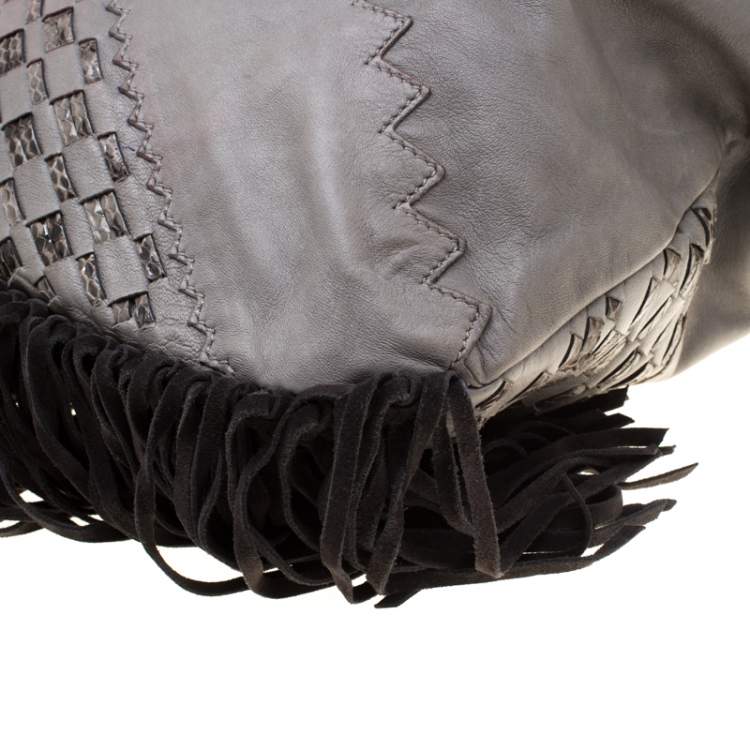 Pre Owned Jimmy Choo Grey/Black Leather and Python Trim Tatum Fringe Hobo