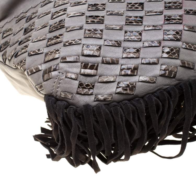 Pre Owned Jimmy Choo Grey/Black Leather and Python Trim Tatum Fringe Hobo