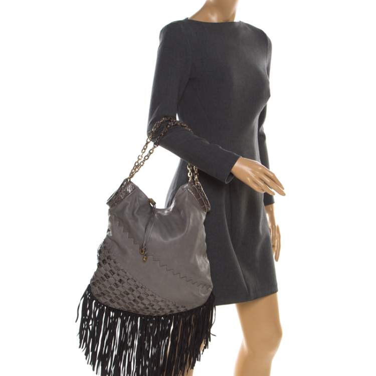 Pre Owned Jimmy Choo Grey/Black Leather and Python Trim Tatum Fringe Hobo
