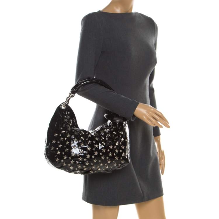 Pre Owned Jimmy Choo Black Patent Leather Small Star Studded Solar Hobo