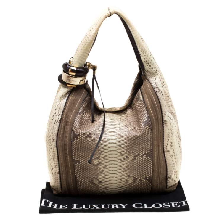 Pre Owned Jimmy Choo Light Yellow/Beige Python and Suede Saba Hobo 