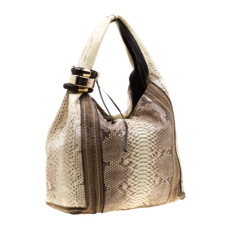 Pre Owned Jimmy Choo Light Yellow/Beige Python and Suede Saba Hobo 