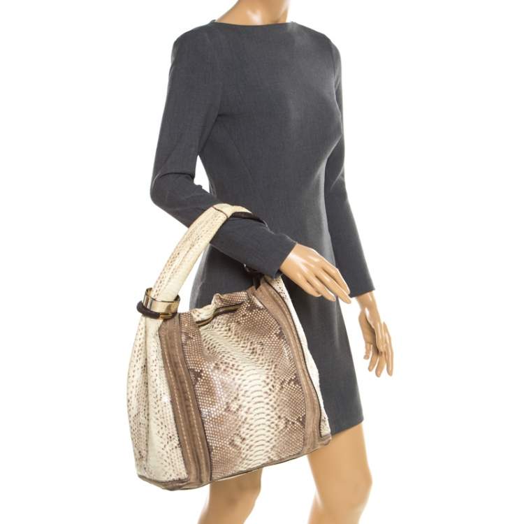 Pre Owned Jimmy Choo Light Yellow/Beige Python and Suede Saba Hobo 