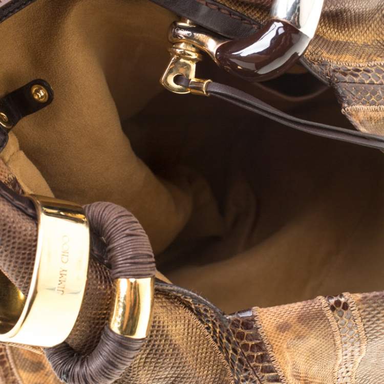 Pre Owned Jimmy Choo Brown Lizard/Snakeskin Patchwork Saba Hobo
