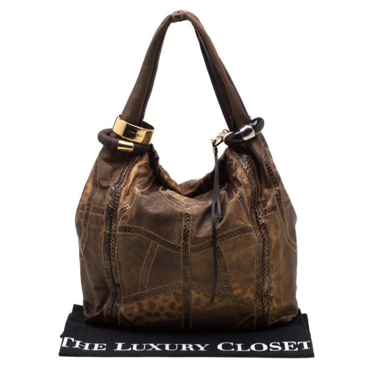 Pre Owned Jimmy Choo Brown Lizard/Snakeskin Patchwork Saba Hobo