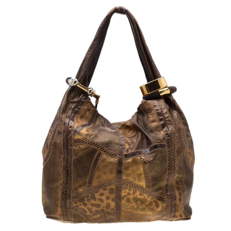 Pre Owned Jimmy Choo Brown Lizard/Snakeskin Patchwork Saba Hobo