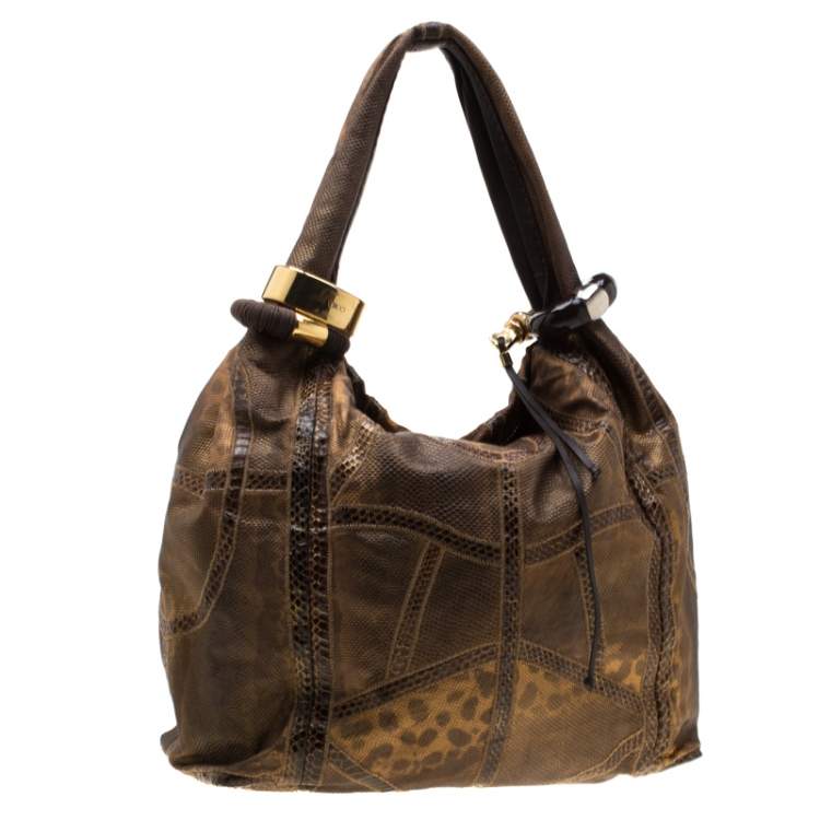 Pre Owned Jimmy Choo Brown Lizard/Snakeskin Patchwork Saba Hobo