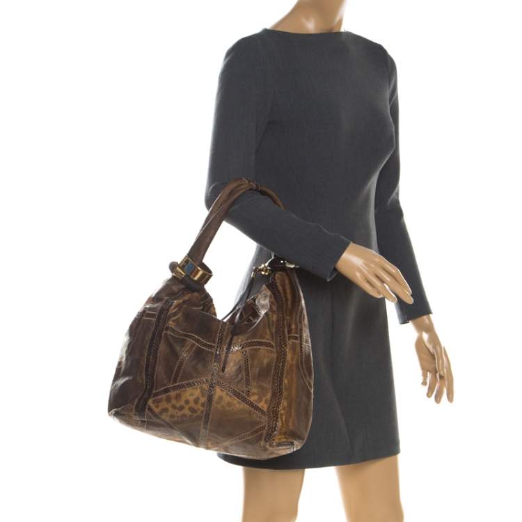 Pre Owned Jimmy Choo Brown Lizard/Snakeskin Patchwork Saba Hobo